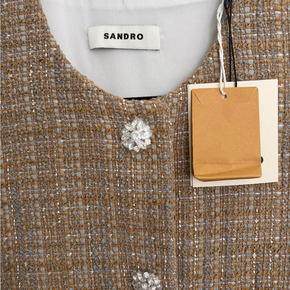 NWT Sandro Gold-Beige Tweed Dress Set with Crystal Buttons - Picture 2 of 5